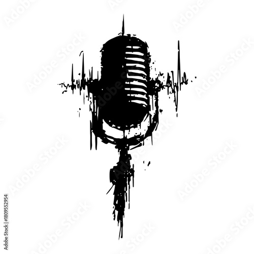Rough Grunge Vintage Microphone Illustration with Dry Brush Ink Style