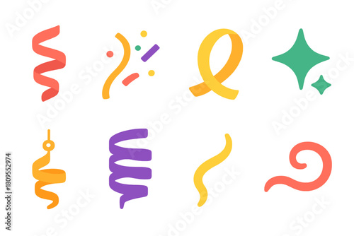 Vibrant Festive Icons. Festive Streamers Pack set flat icons set. streamer curl, confetti trail, ribbon loop, star sparkle, hanging decoration, coiled ribbon, shimmer wave, swirl