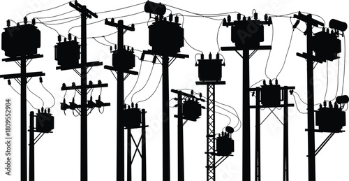 Complex silhouette vector of electric utility poles with transformers and tangled power lines for industrial energy infrastructure.