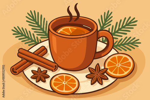 Cozy Mulled Cider Scene. Steaming mug of mulled cider sits invitingly on a white plate, surrounded by cinnamon sticks, star anise, and dried orange slices. Pine. Vector illustration