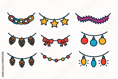 Colorful Festive Garlands. Festive Garlands flat icons set. paper chains, stars, tinsel, hanging baubles, pinecones, bows, beads, glowing bulbs