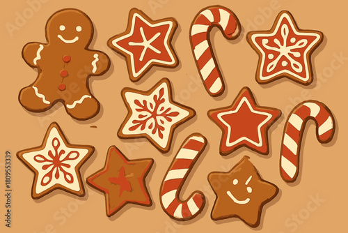 Festive Cookie Delight. Collection of holiday-themed cookies shaped like gingerbread men, stars, and candy canes. The cookies are iced with red and white patterns,. Vector illustration