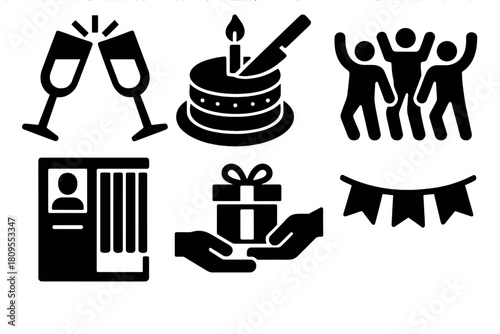 Celebration Icon Set. Celebration Moments silhouette icon set. clinking glasses, cake cutting, dancing crowd, photo booth, gift exchange, festive banner.
