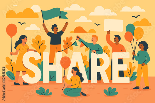 Celebratory Gathering Scene. Outdoor gathering of individuals holding balloons and banners around large letters spelling 'SHARE', with clouds and birds in the. Vector illustration