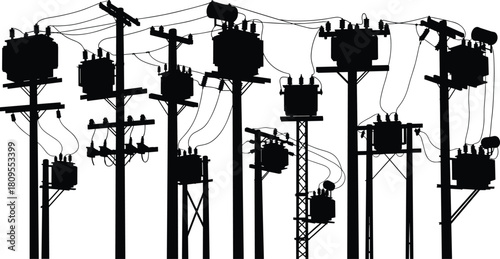 Complex vector silhouette of electric utility poles, transformers, and tangled overhead power lines for industrial energy distribution.