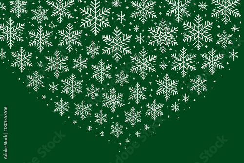 Snowflakes on Green. Festive arrangement of snowflakes forms a cascading pattern against a rich green backdrop. The snowflakes, each uniquely detailed, appear to. Vector illustration