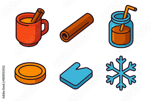 Vibrant Seasonal Beverage Icons. Seasonal Beverage Setup flat icons set. mug, cinnamon stick, glass jar, straw, coaster, snowflake