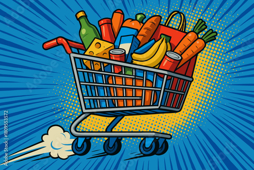 Flying Shopping Cart. Giant shopping cart zooms through the air, overflowing with a variety of colorful goods. The background features comic-style speed lines and. Vector illustration