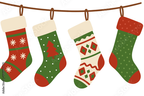 Hanging Christmas Stockings. Set of hanging Christmas stockings, each with unique patterns and colors. They dangle from a mantle, ready to be filled with treats. The. Vector illustration