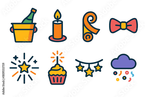 Festive Celebration Icons. Happy Event Symbols flat icons set. champagne bucket, glowing candle, streamer roll, bow tie, fireworks burst, cupcake with sparkler, star garland