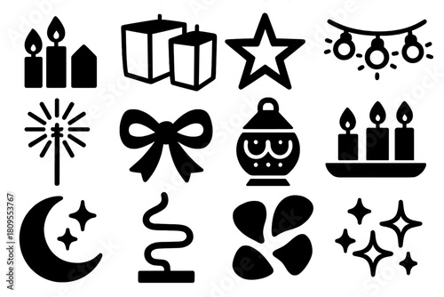 Festive Light Icons. Illumination Celebration silhouette icon set. candles, paper lanterns, glowing star, fairy lights, sparkler, ribbon bow, festive lamp, candle tray, moon