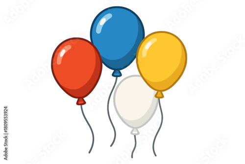 Festive Balloons and Gifts. Icon set featuring festive balloons with shiny surfaces, each one tied with a delicate string. The balloons come in red, blue, yellow,. Vector illustration