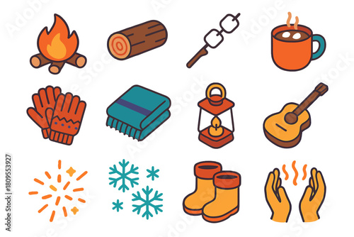 Cozy Campfire Icons. Cozy Winter Campfire flat icons set. crackling fire, log seat, marshmallows, cocoa mug, knitted gloves, wool blanket, candle lantern, guitar, sparks