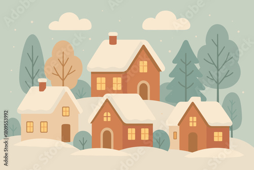 Charming Winter Village. Charming houses with snow-topped roofs sit nestled among stylized trees and clouds. The houses are simple yet inviting, with windows that. Vector illustration