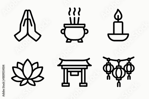 Blessing Ceremony Icons. Chinese New Year Blessing Ceremony linear icon set. folded hands, incense pot, candlelight, lotus, temple gate, lantern chain