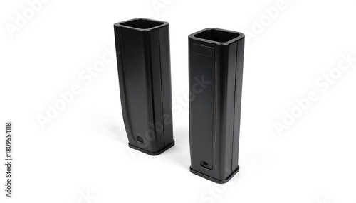 Two rectangular, black, hollow columns, slightly angled, are displayed against a clean white background. They have a sleek and modern design