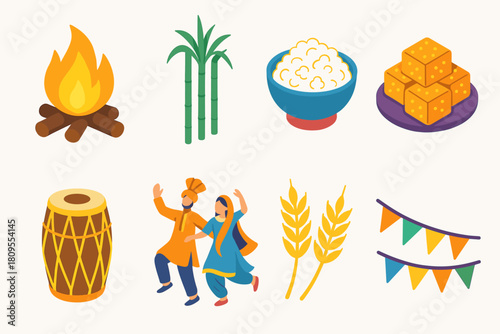 Lohri Festival Icons. Lohri Harvest Festival flat icons set. bonfire, sugarcane, popcorn bowl, sesame sweets, dhol drum, dancing couple, wheat stalks, festive banner