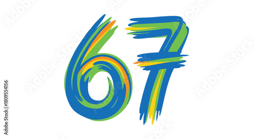 Vibrant brushstroke number artwork celebrating sixty-seven on a clean canvas of pure white color offering a dynamic feel