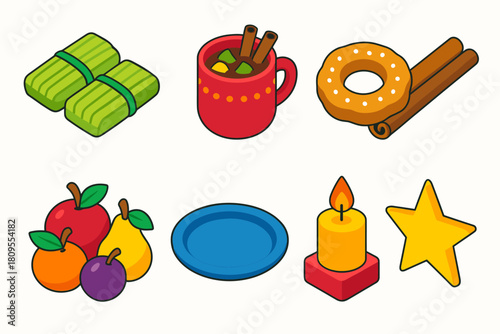 Festive Posadas Icons. Holiday Posadas Cuisine flat icons set. tamales, cup of ponche, sugar fritter, cinnamon stick, fruit, plate, candle, star
