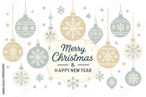 Elegant Christmas Ornaments. Collection of Christmas ornaments dangle elegantly from thin strings, each adorned with intricate patterns of snowflakes and geometric. Vector illustration