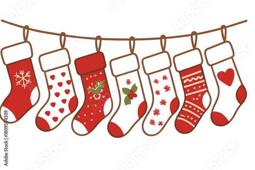 Festive Christmas Stockings. Row of red and white Christmas stockings hang from a string, each displaying unique patterns like snowflakes, hearts, and holly. The. Vector illustration