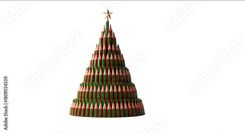 Creative Christmas Tree Shape Constructed from Green and Red Colored Pencils with Gold Star Topper