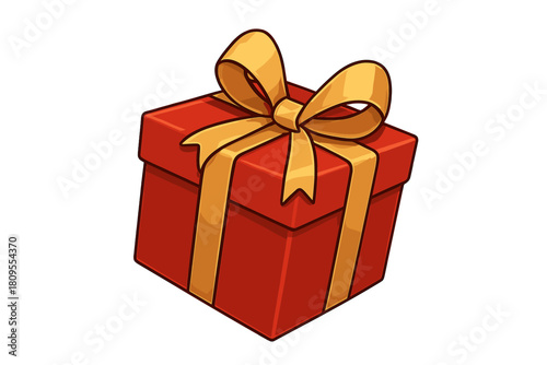 Festive Gift Box. Red gift box with a gold ribbon, wrapped neatly and placed at a slight angle. The box exudes a sense of mystery and delight, inviting curiosity.. Vector illustration