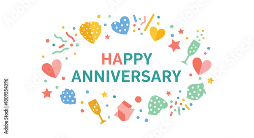 Festive happy anniversary illustration with colorful hearts confetti and celebratory elements for greeting cards and invitations