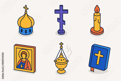 Orthodox Christmas Icons. Orthodox Christmas Faithful Celebration flat icons set. church dome, cross, candle, icon, incense burner, bible
