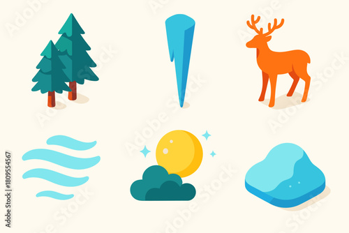 Frozen Forest Icons. Frozen Forest flat icons set. tall pines, icicle, deer silhouette, misty air, moonlight, snow mound