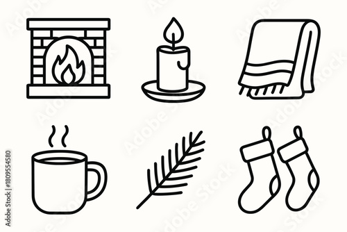 Cozy Fireplace Icons. Christmas Winter Warmth linear icon set. fireplace, candle, blanket, mug, pine branch, stockings