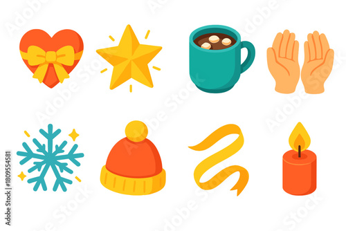 Festive Icon Set. Festive Kindness flat icons set. heart with bow, shining star, cup of cocoa, gentle hands, snowflake glow, cozy hat, ribbon swirl, candle flame