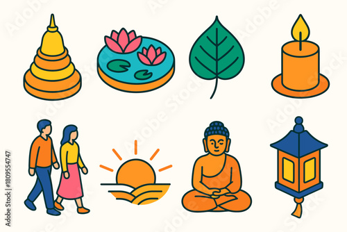Isometric Temple Icons. Temple Serenity flat icons set. golden pagoda, lotus pond, Bodhi leaf, candlelight, visitors walking, sunrise, Buddha figure, lantern