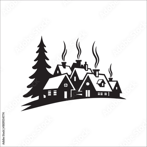 Winter Village Silhouette: A quaint illustration captures the essence of a serene winter village, with charming houses emitting gentle smoke, creating a picturesque scene of tranquility and warmth.