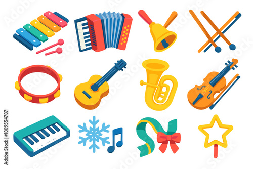Winter Instrument Icons. Winter Festival Instruments flat icons set. xylophone, accordion, handbell, drumsticks, tambourine, guitar, tuba, violin bow, keyboard, snowflake note