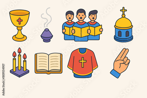 Church Blessing Icons. Orthodox New Year Church Blessing flat icons set. sacred chalice, incense smoke, choir singers, church dome, lit candles, open scripture, priest’s vestments