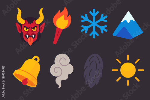 Dark Winter Festival Icons. Dark Winter Festival flat icons set. Krampus mask, torch flame, snowflake, mountain, bell, smoke, fur texture, glow