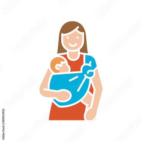 baby in sling with mother black line icon. Vector isolated element