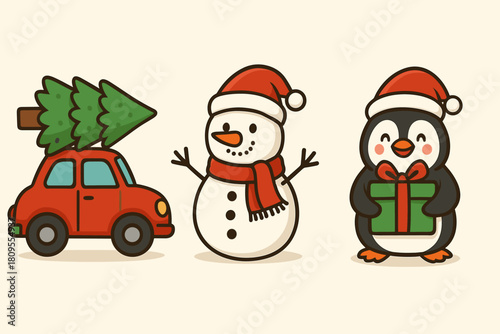 Whimsical Christmas Icons. Whimsical Christmas icon set featuring a red car carrying a Christmas tree, a cheerful snowman, and a playful penguin with a gift. Each. Vector illustration