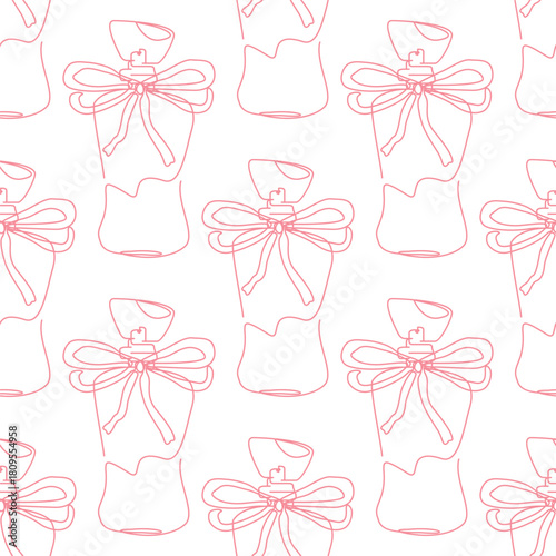 Outline perfume bottle seamless pattern. Hand drawn Fashion wallpaper, beauty background, fabric, textile, print, wrapping paper or package design. Editable Color.