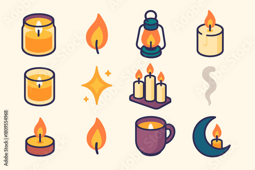 Isometric Candle Icons. Candlelit Ambience flat icons set. candle jar, flame flicker, lantern glow, wax drip, glass candle, spark shimmer, candle set, smoke curl, wick flame