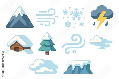 Isometric Mountain Storm Icons. Mountain Storm Scene flat icons set. peak under snow, blowing wind lines, heavy snowfall, lightning flash, buried cabin, frosted pine, swirling mist