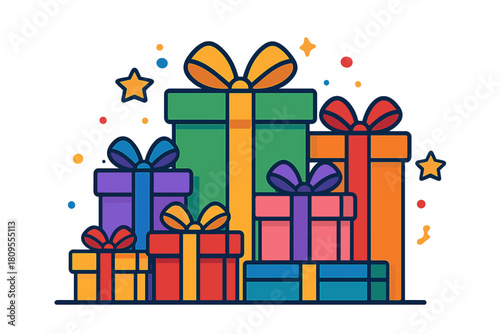 Festive Gift Boxes. Collection of brightly colored gift boxes adorned with ribbons and bows, stacked together in a festive arrangement. Stars and confetti float. Vector illustration