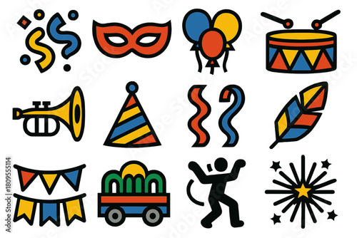 Bold Carnival Icons. Carnival Celebration silhouette icon set. confetti, mask, balloons, drum, trumpet, party hat, streamer, colorful feather, parade float, flag bunting, dancing