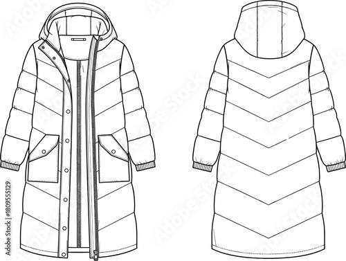 Long padded winter coat technical fashion sketch, front and back view, hooded design, quilted details, garment illustration, flat vector