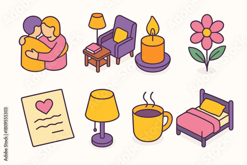 Heartfelt Living Icons. Heartfelt Living flat icons set. hug, reading nook, evening candle, blooming flower, handwritten note, soft light, warm drink, cozy bed