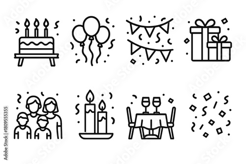 Festive Home Icons. Celebrations at Home Set linear icon set. cake on table, balloons, string lights, wrapped gifts, confetti, family gathering, candles, dining setup