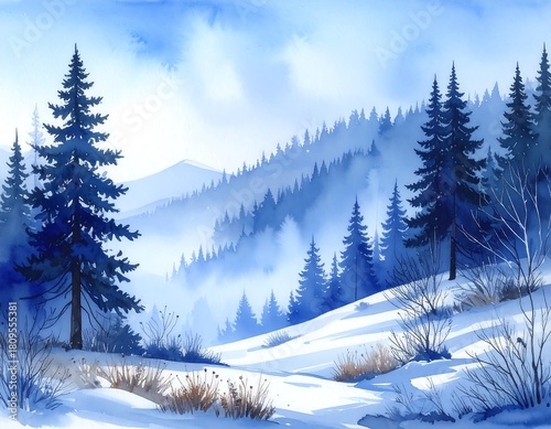 Watercolor depiction of a snow-covered mountainous landscape with evergreen trees and a light, misty atmosphere