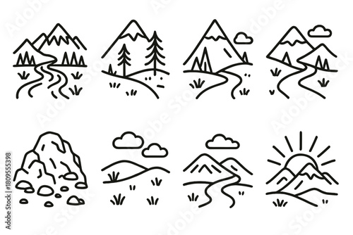 Mountain Valley Icons. Mountain Valleys linear icon set. river stream, snow peak, pine tree, winding path, clouds, rocky hill, grass field, sunrise