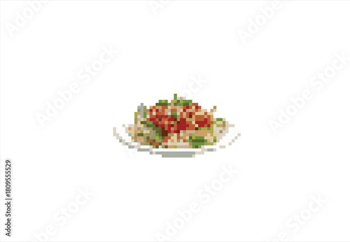 Pixel Art Dish of Pasta with Tomatoes and Herbs. 8 bit. Game development, mobile app. Isolated vector illustration.